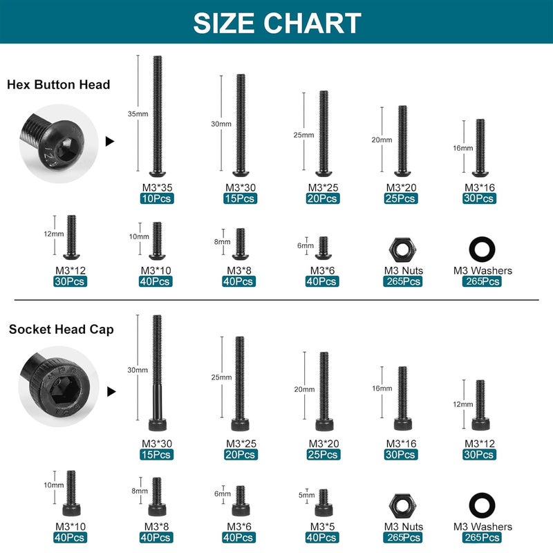 SATANTECH 1590Pcs M3 Screw Kit, Hex Button and Socket Head Bolts and Nuts Washers Set, 12.9 Grade Alloy Steel M3 Screw Assortment Kit for 3D Printing - Image 3